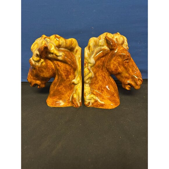 Vintage Ceramic Horse Head Bookends Brown & Cream Glossy Finish 6.5" Tall Home D - Picture 4 of 4
